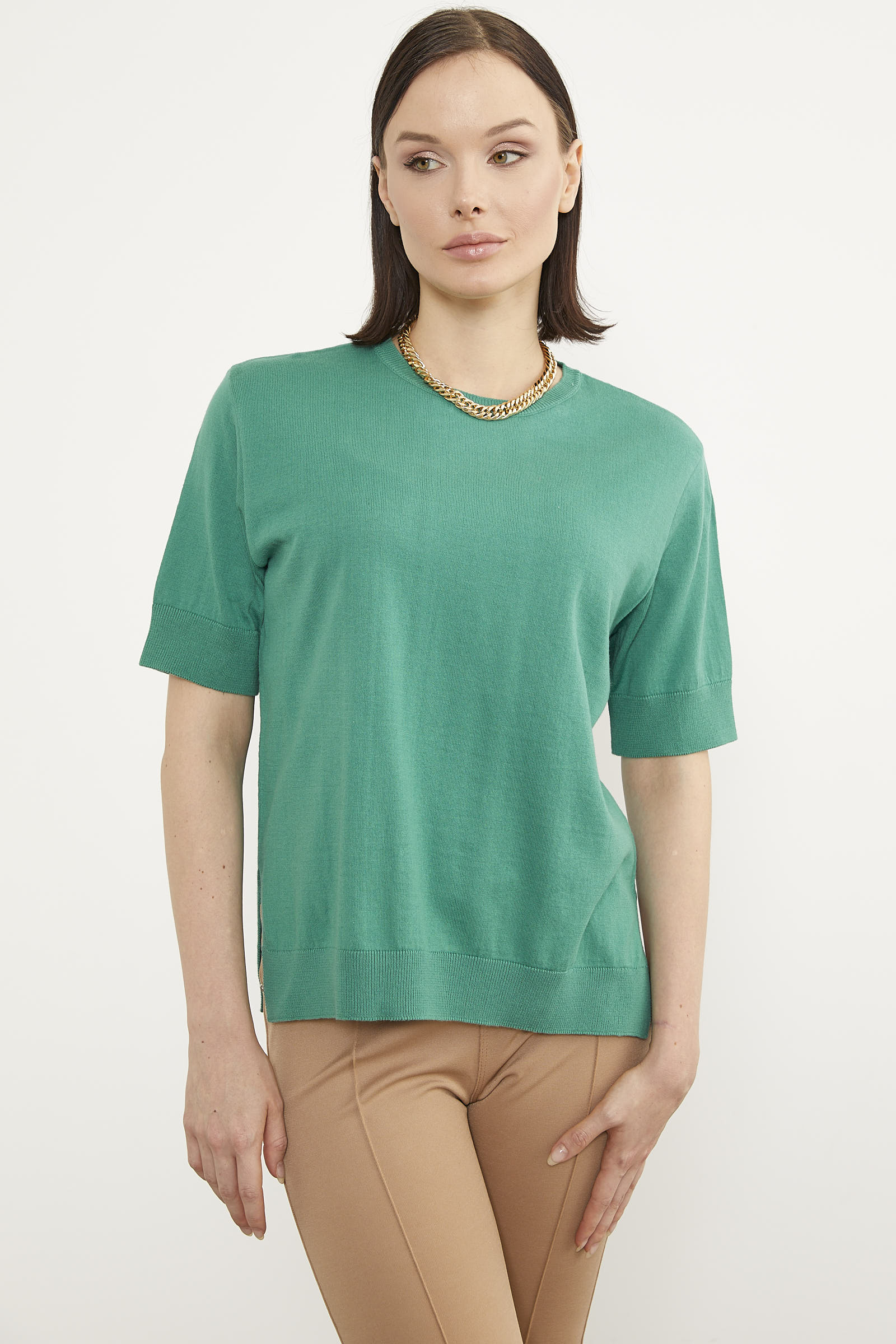 Sıfır Yaka Kısa Kol Triko Kazak - Yeşil (1) Sementa