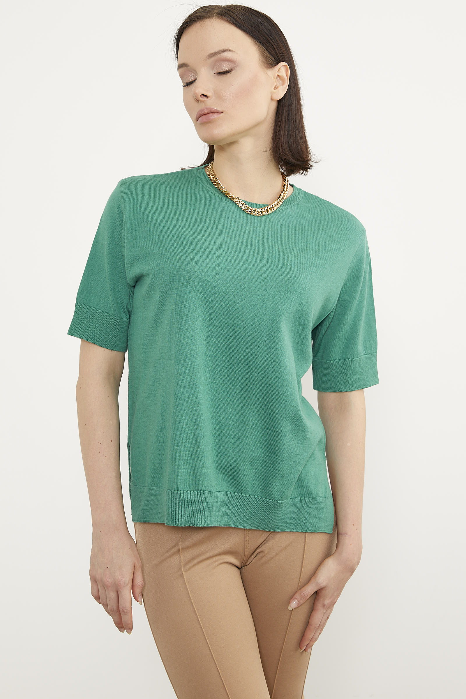 Sıfır Yaka Kısa Kol Triko Kazak - Yeşil (2) Sementa