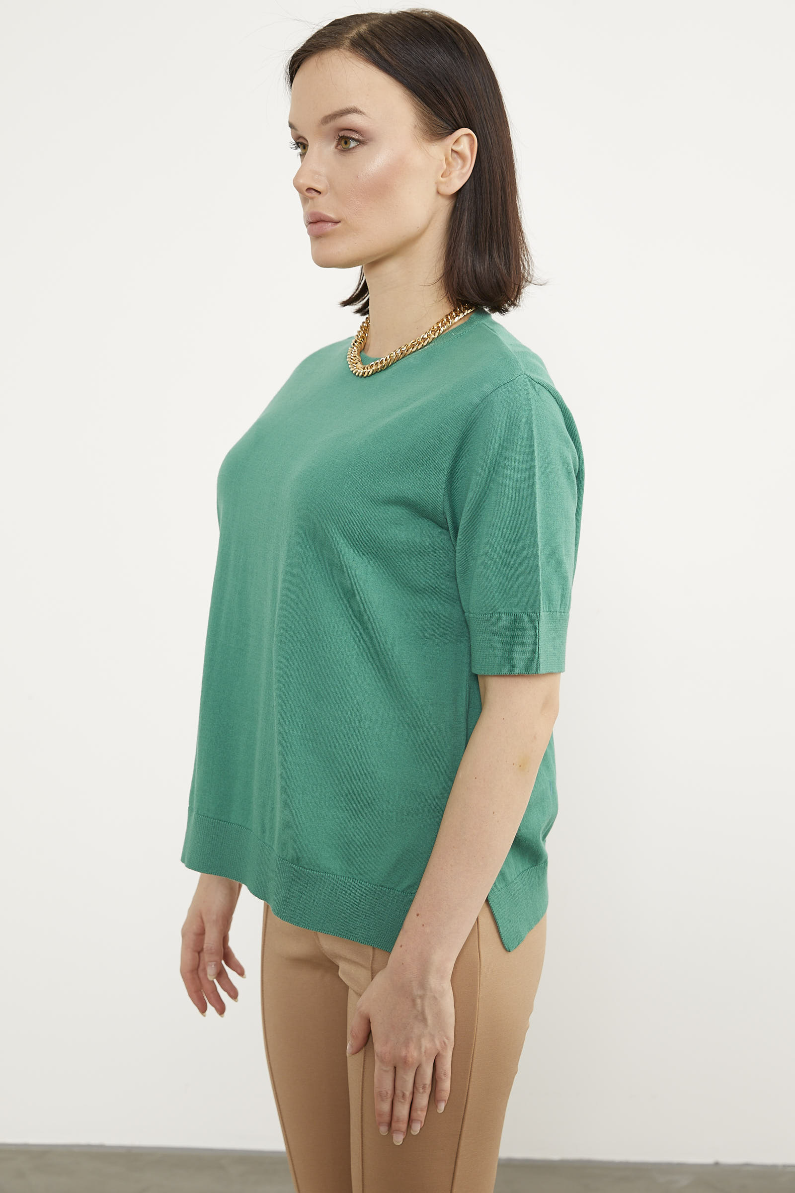 Sıfır Yaka Kısa Kol Triko Kazak - Yeşil (4) Sementa