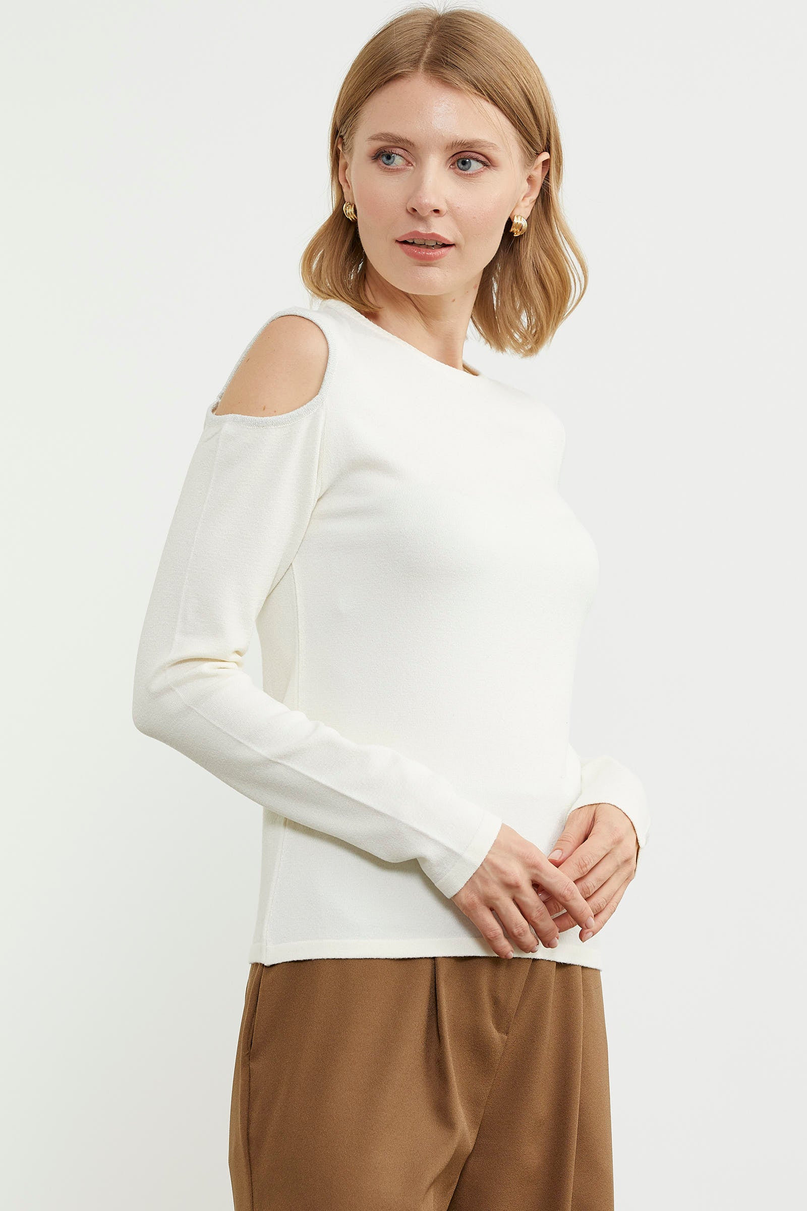 Omuzları Açık Basic Triko Kazak - Kemik (2) Sementa