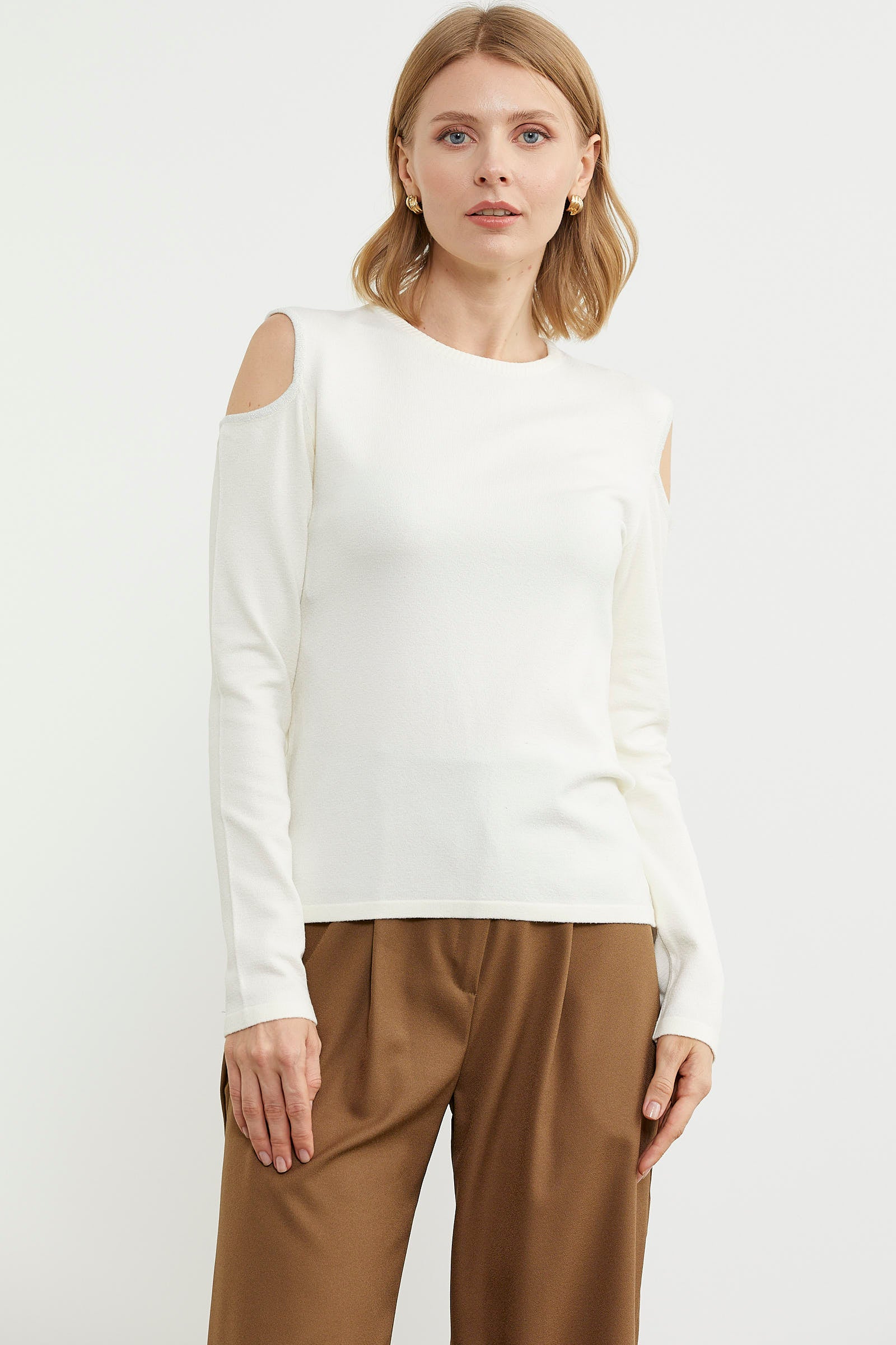 Omuzları Açık Basic Triko Kazak - Kemik (4) Sementa