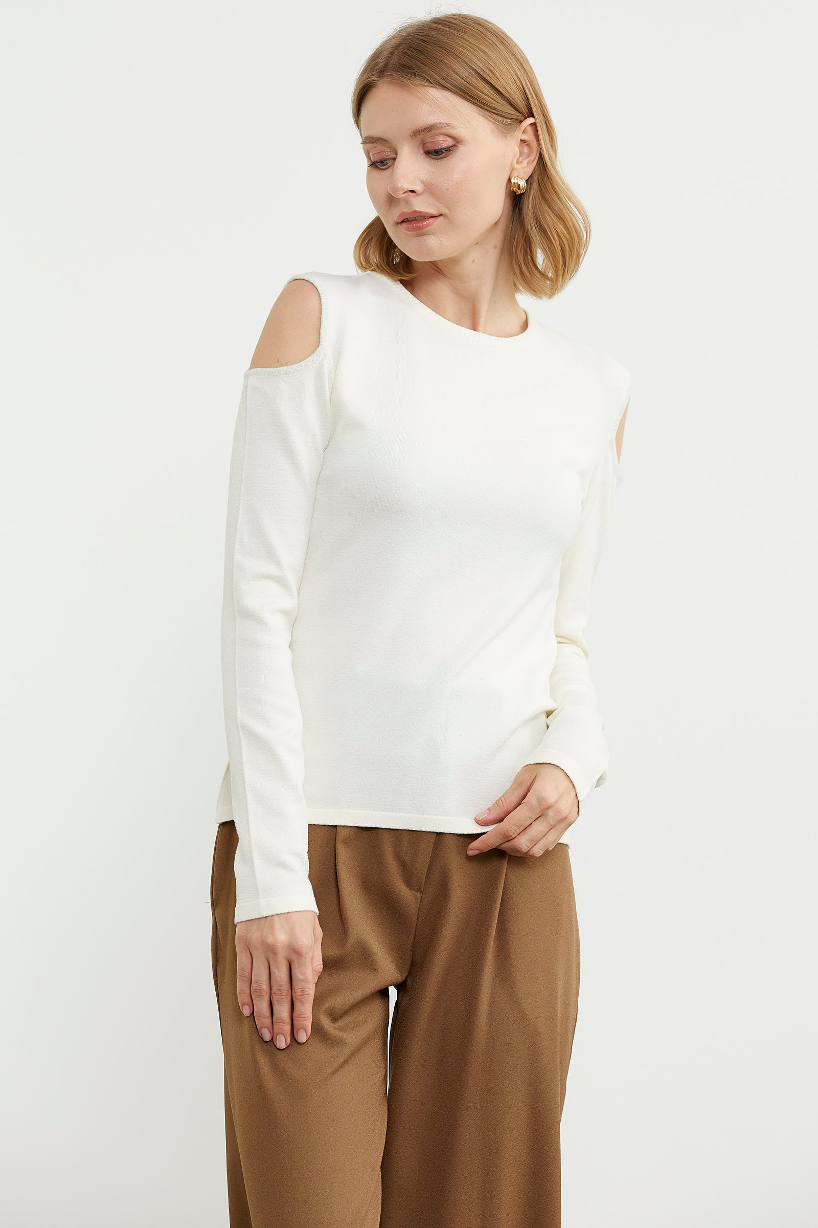 Omuzları Açık Basic Triko Kazak - Kemik (5) Sementa