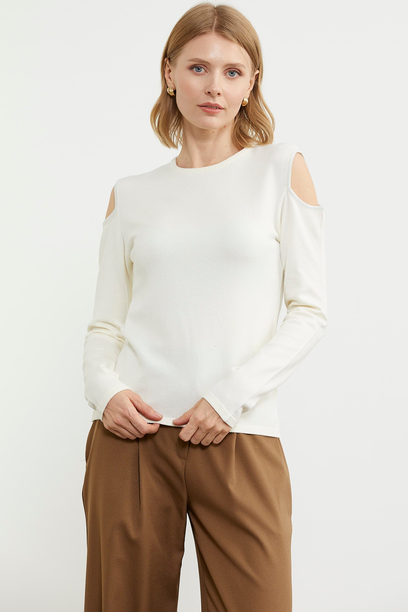 Omuzları Açık Basic Triko Kazak - Kemik (6) Sementa