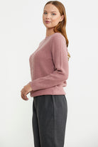 Sıfır Yaka Regular Fit Yünlü Triko Kazak - Gül - Sementa