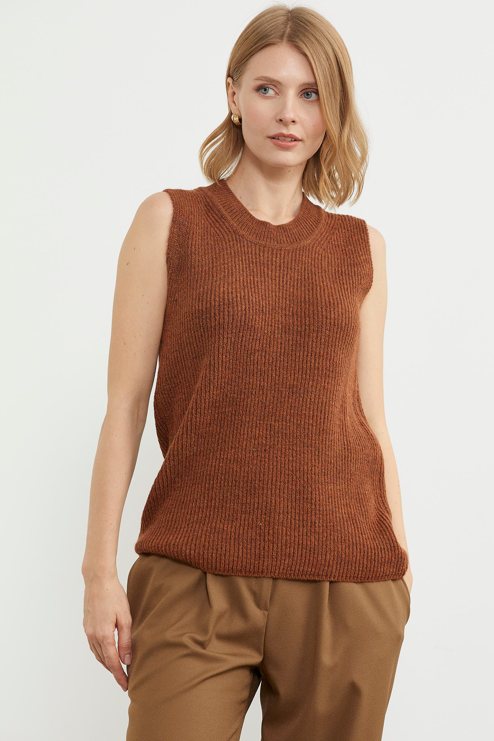 Derbili Sıfır Yaka Triko Süveter - Taba (4) Sementa