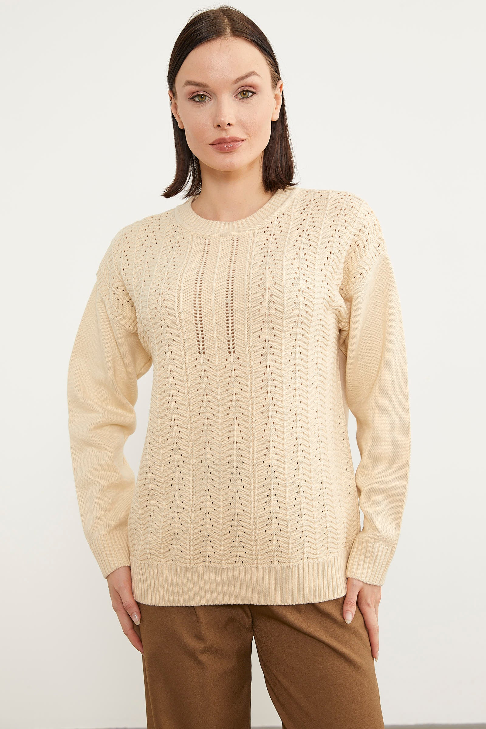 Sıfır Yaka Zik Zak Motifli Triko Kazak - Kemik (1) Sementa