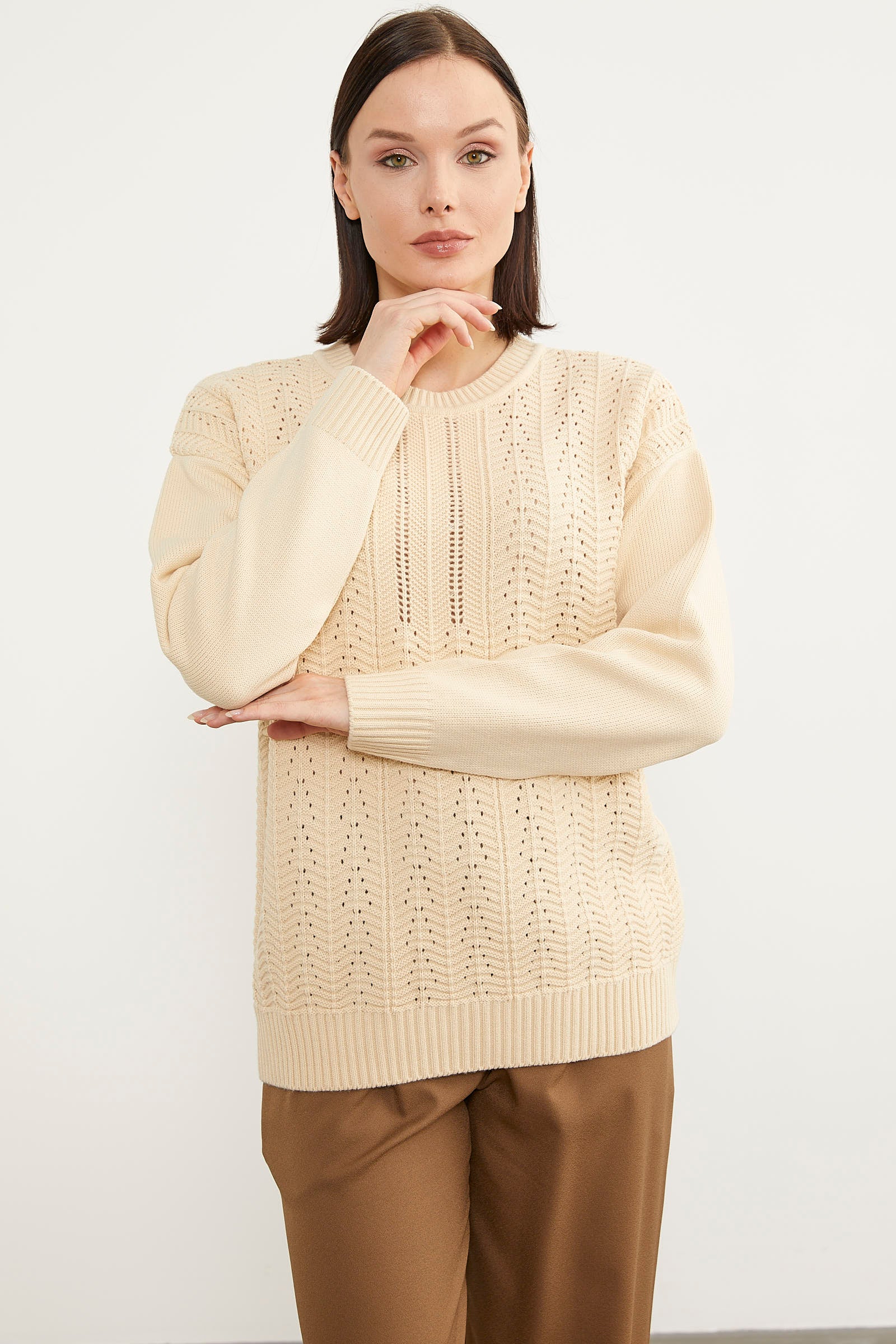 Sıfır Yaka Zik Zak Motifli Triko Kazak - Kemik (2) Sementa