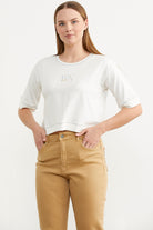 Sim Detaylı Oversize Crop Tişört - Ekru (2) Sementa