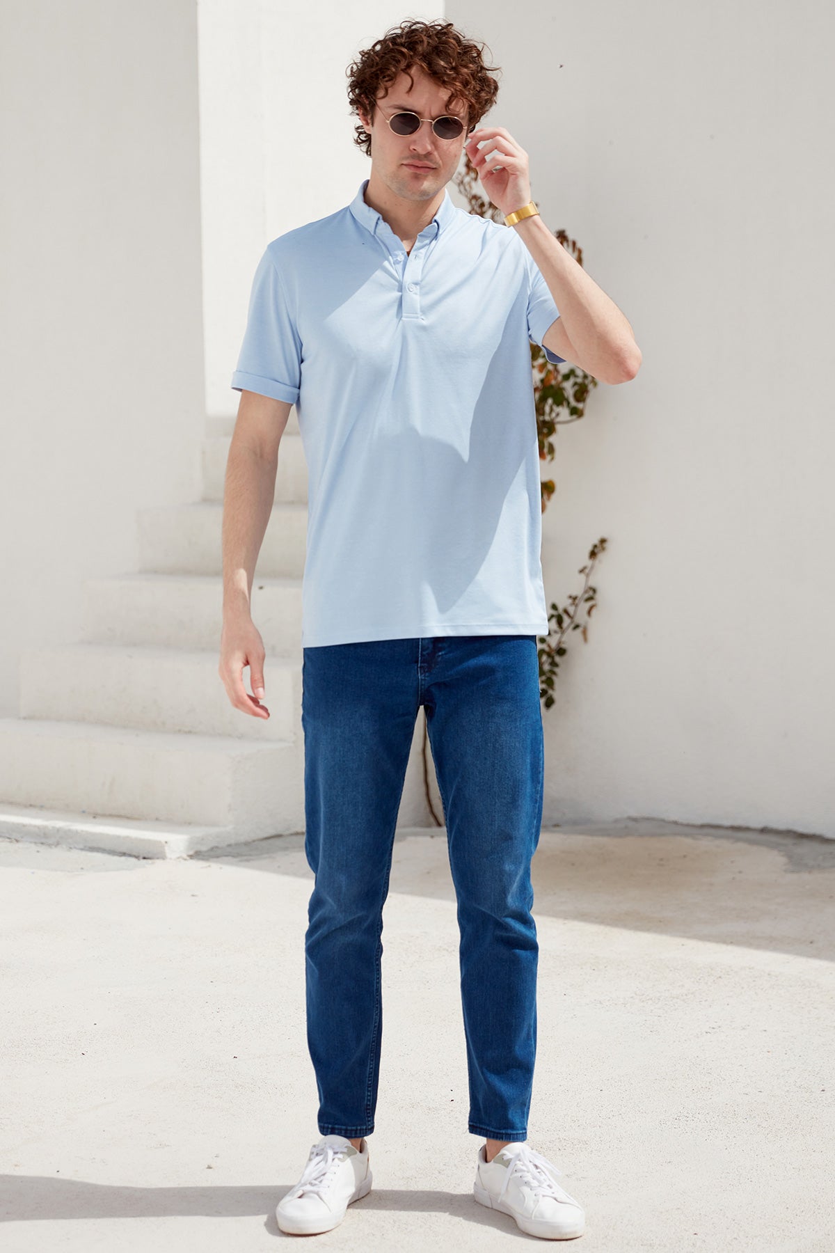 Slim Fit Düğmeli Polo Yaka Tişört - Mavi (5) Sementa