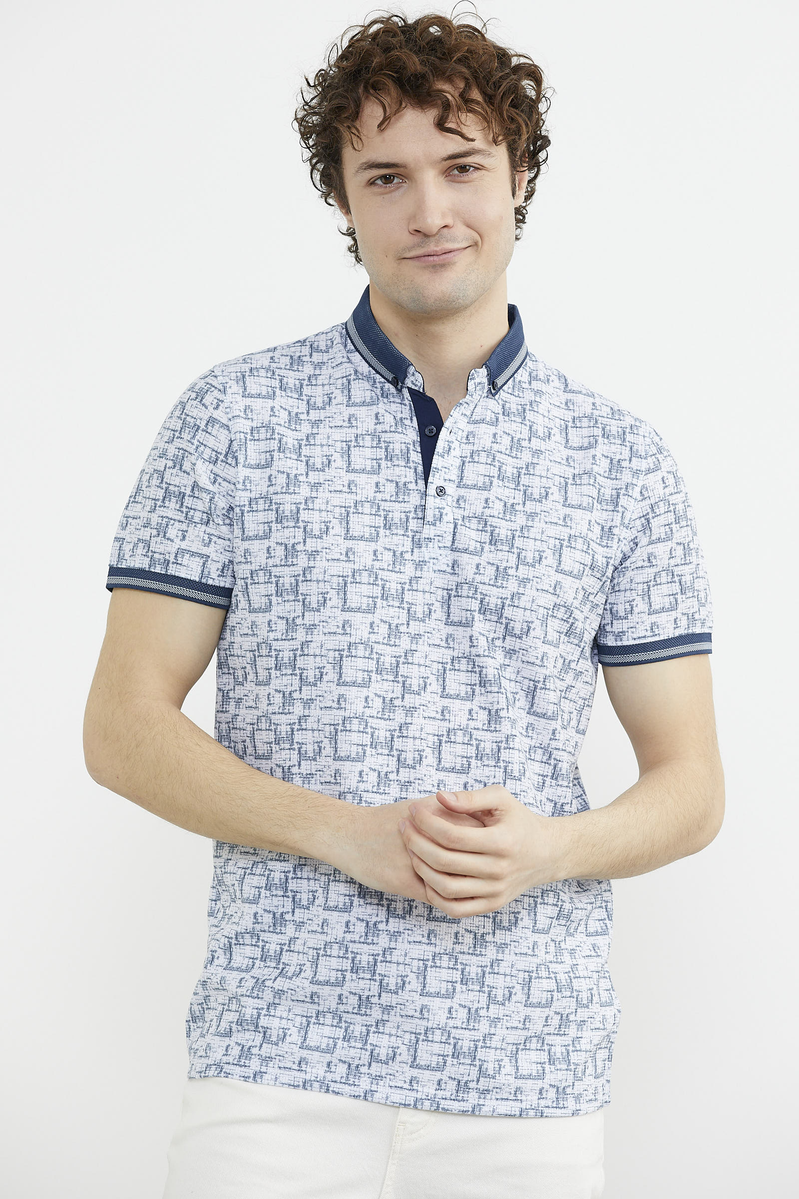 Slim Fit Polo Yaka Desenli Tişört - Lacivert (1) Sementa