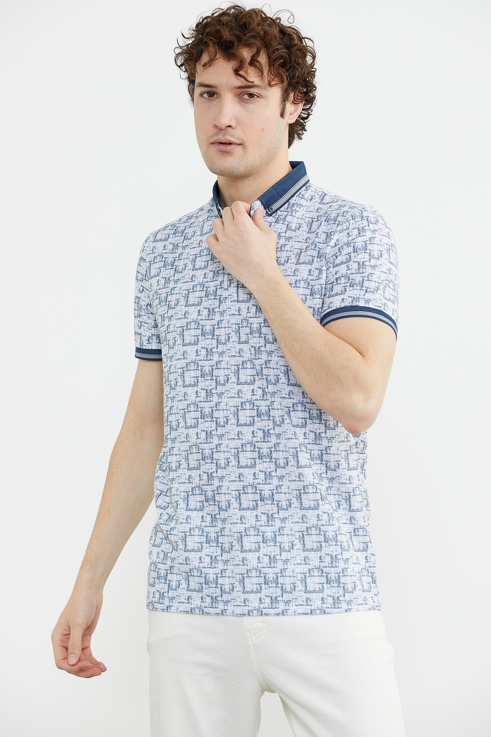 Slim Fit Polo Yaka Desenli Tişört - Lacivert (3) Sementa