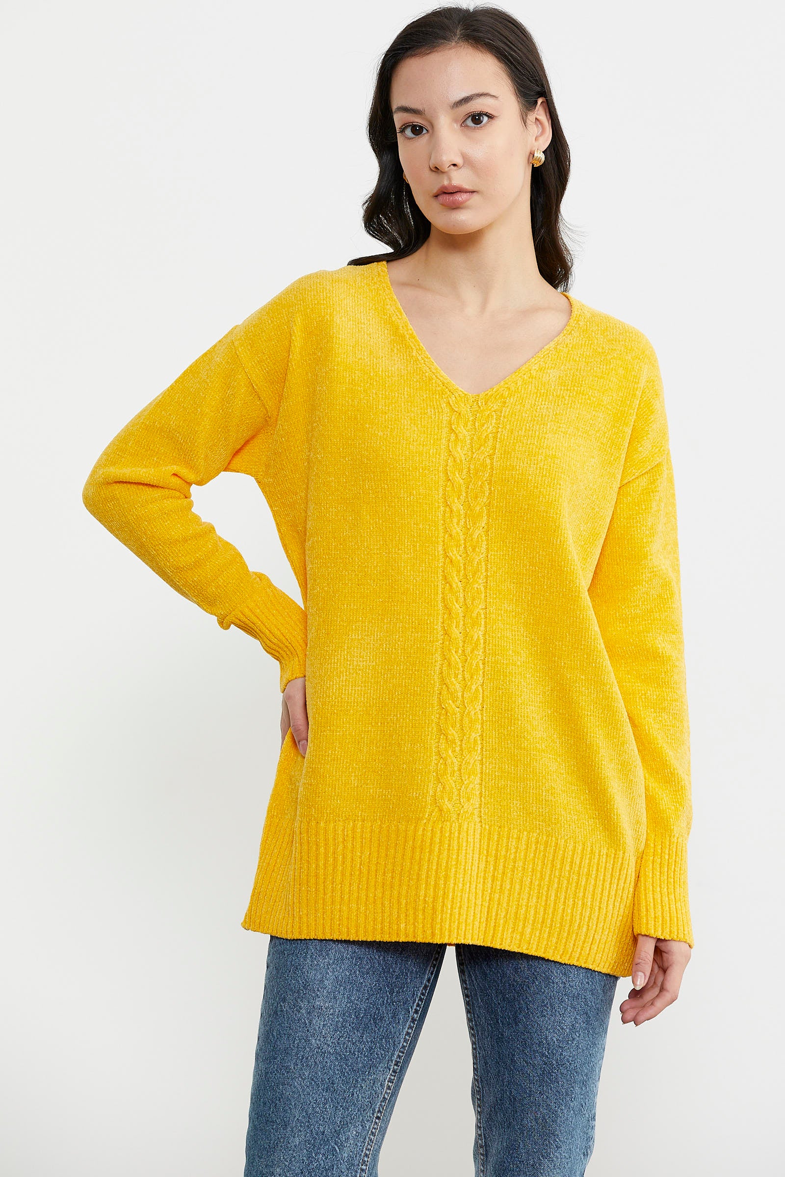 Şönil Sırt Detaylı Triko Tunik - Koyu Sarı (2) Sementa