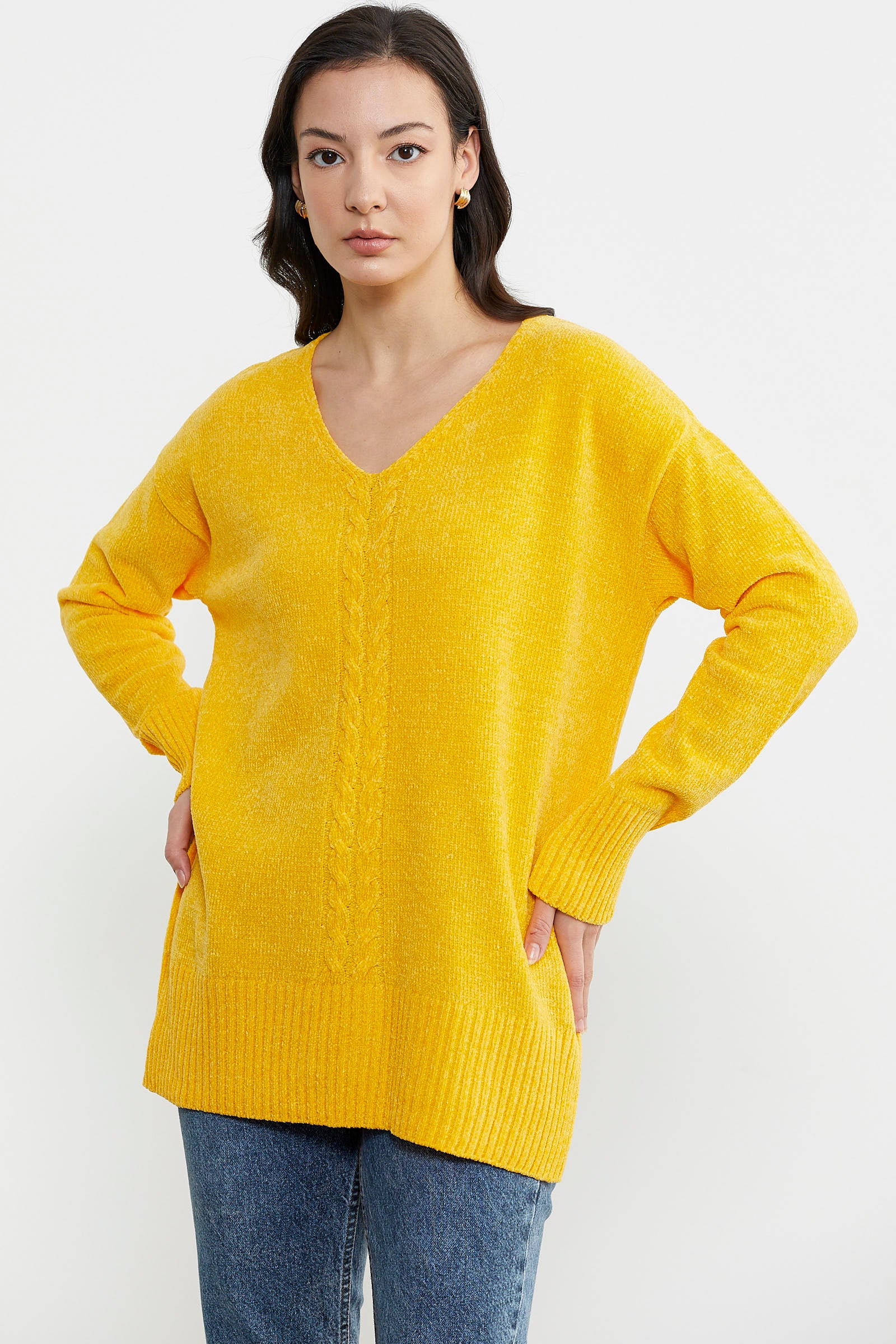 Şönil Sırt Detaylı Triko Tunik - Koyu Sarı (3) Sementa