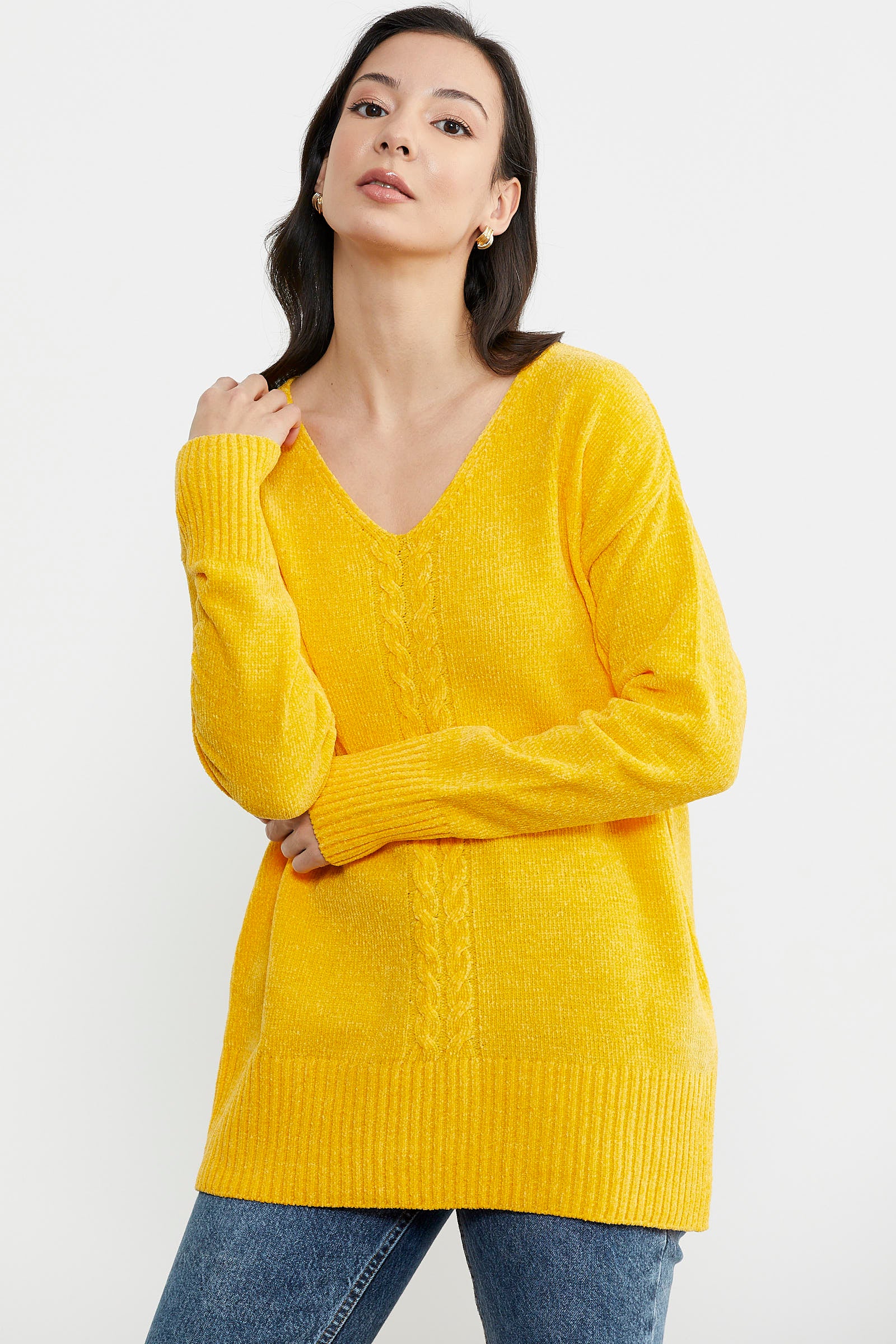 Şönil Sırt Detaylı Triko Tunik - Koyu Sarı (5) Sementa