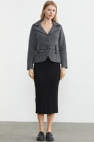 Suni Deri Biyeli Triko Ceket - Koyu Gri - Siyah (1) Sementa