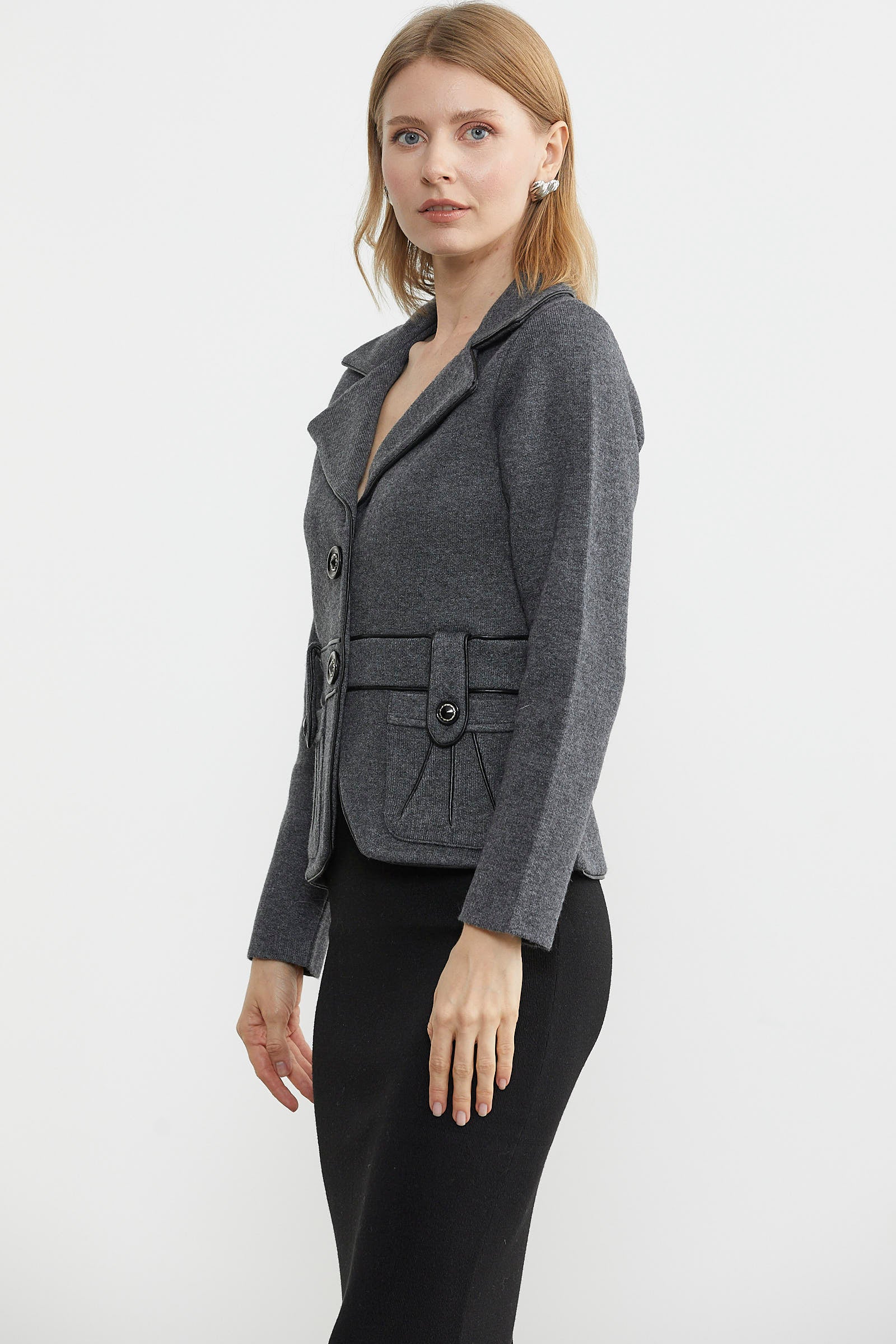 Suni Deri Biyeli Triko Ceket - Koyu Gri - Siyah (4) Sementa