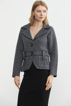 Suni Deri Biyeli Triko Ceket - Koyu Gri - Siyah (5) Sementa