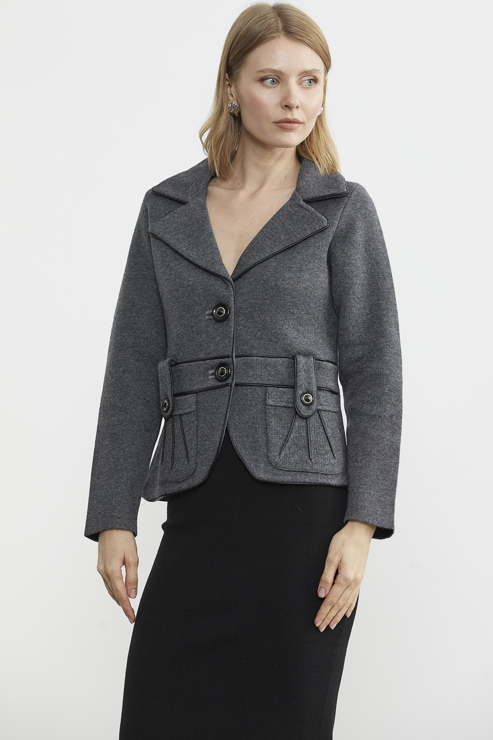 Suni Deri Biyeli Triko Ceket - Koyu Gri - Siyah (5) Sementa