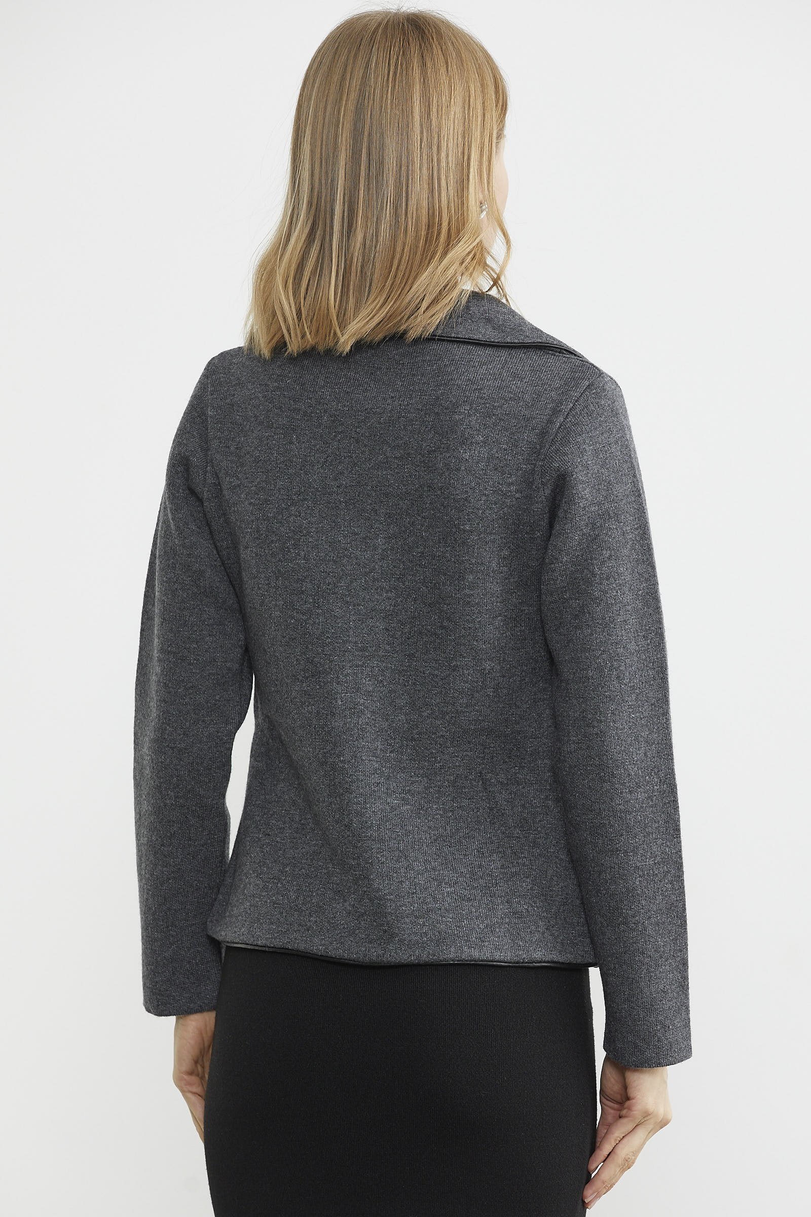 Suni Deri Biyeli Triko Ceket - Koyu Gri - Siyah (6) Sementa