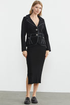 Suni Deri Biyeli Triko Ceket - Siyah - Koyu Gri (3) Sementa