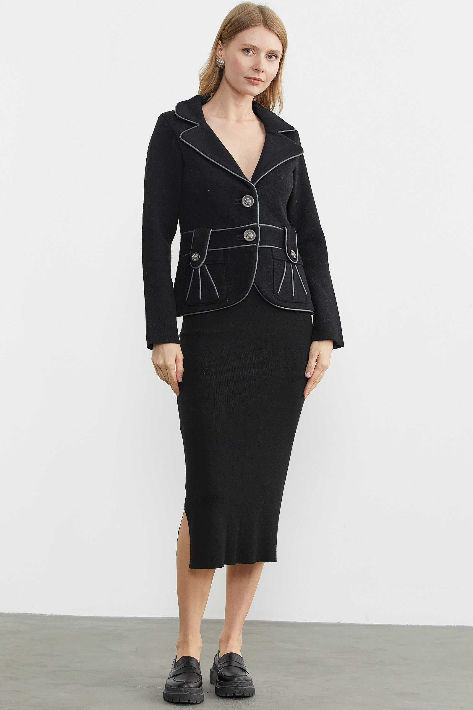 Suni Deri Biyeli Triko Ceket - Siyah - Koyu Gri (3) Sementa