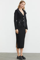 Suni Deri Biyeli Triko Ceket - Siyah - Koyu Gri (4) Sementa