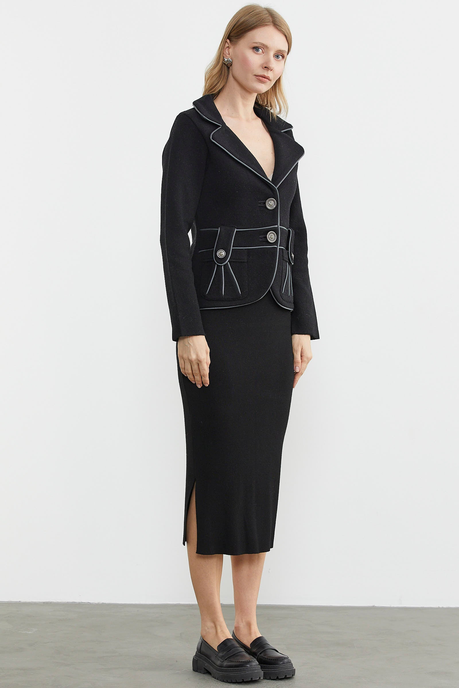 Suni Deri Biyeli Triko Ceket - Siyah - Koyu Gri (4) Sementa