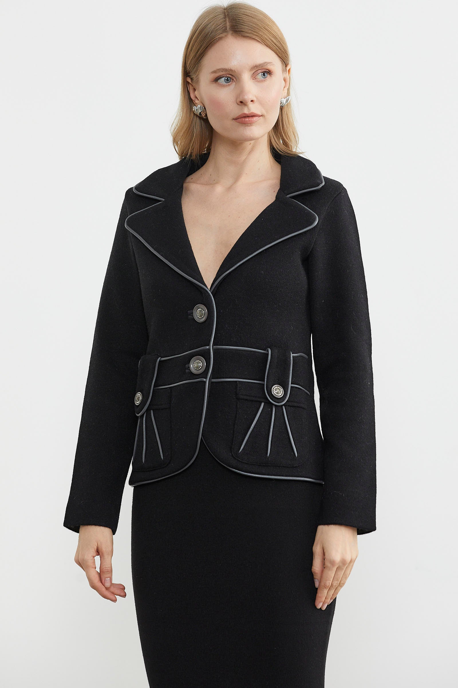 Suni Deri Biyeli Triko Ceket - Siyah - Koyu Gri (1) Sementa