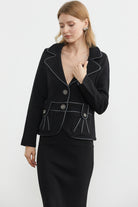 Suni Deri Biyeli Triko Ceket - Siyah - Koyu Gri (5) Sementa