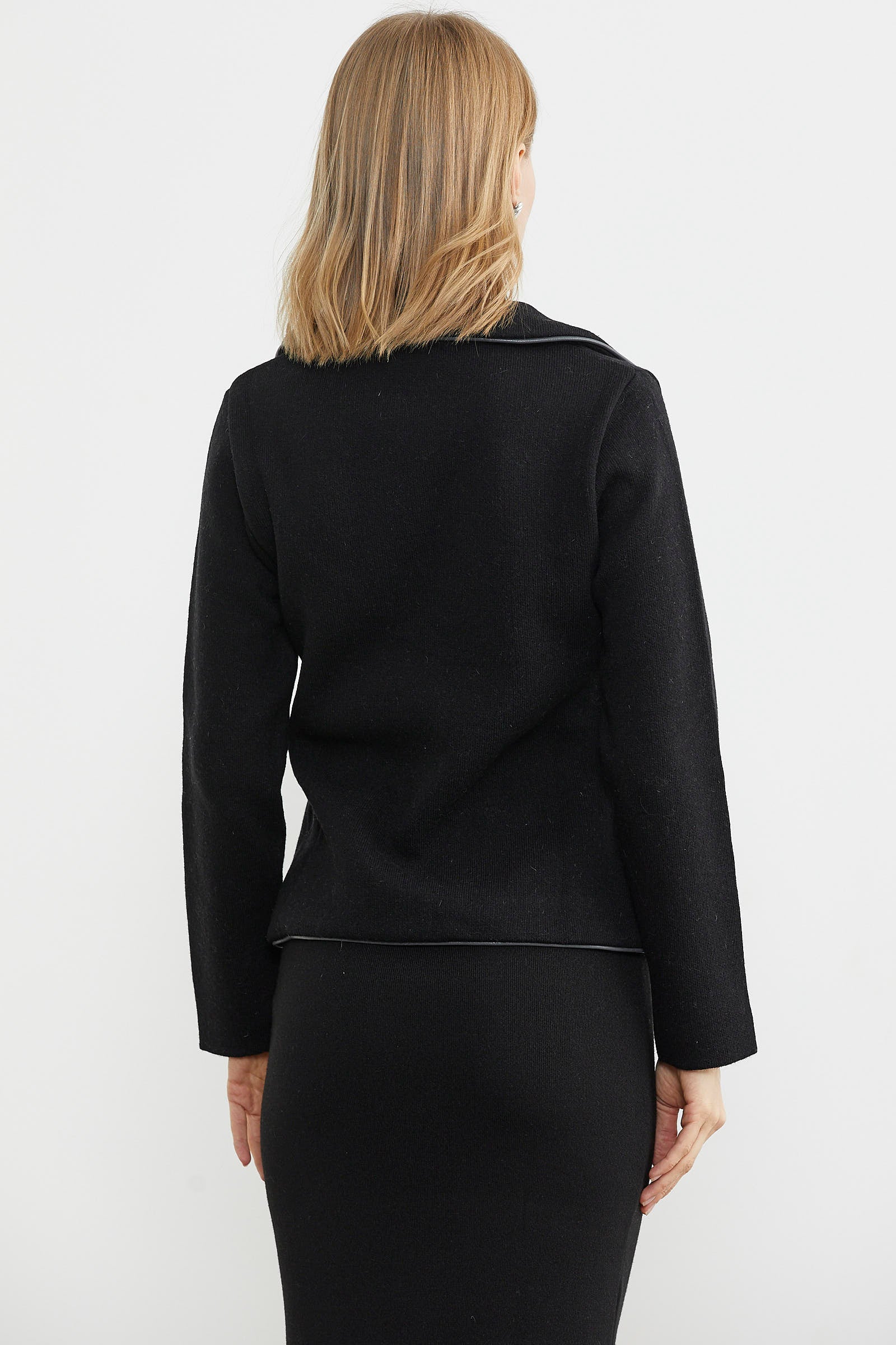 Suni Deri Biyeli Triko Ceket - Siyah - Koyu Gri (7) Sementa