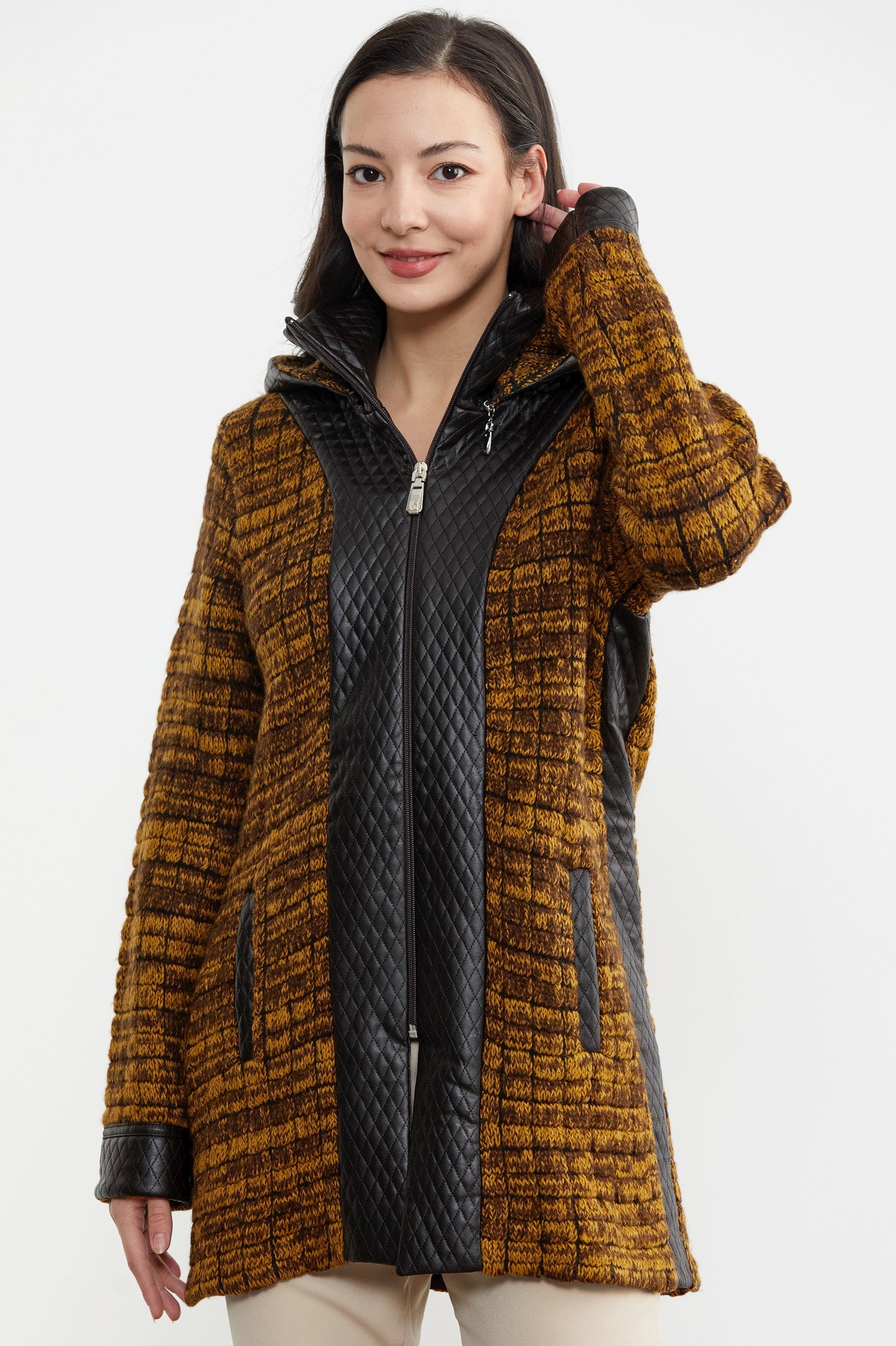 Suni Deri Detaylı Uzun Triko Ceket - Güneş - Kahverengi (2) Sementa