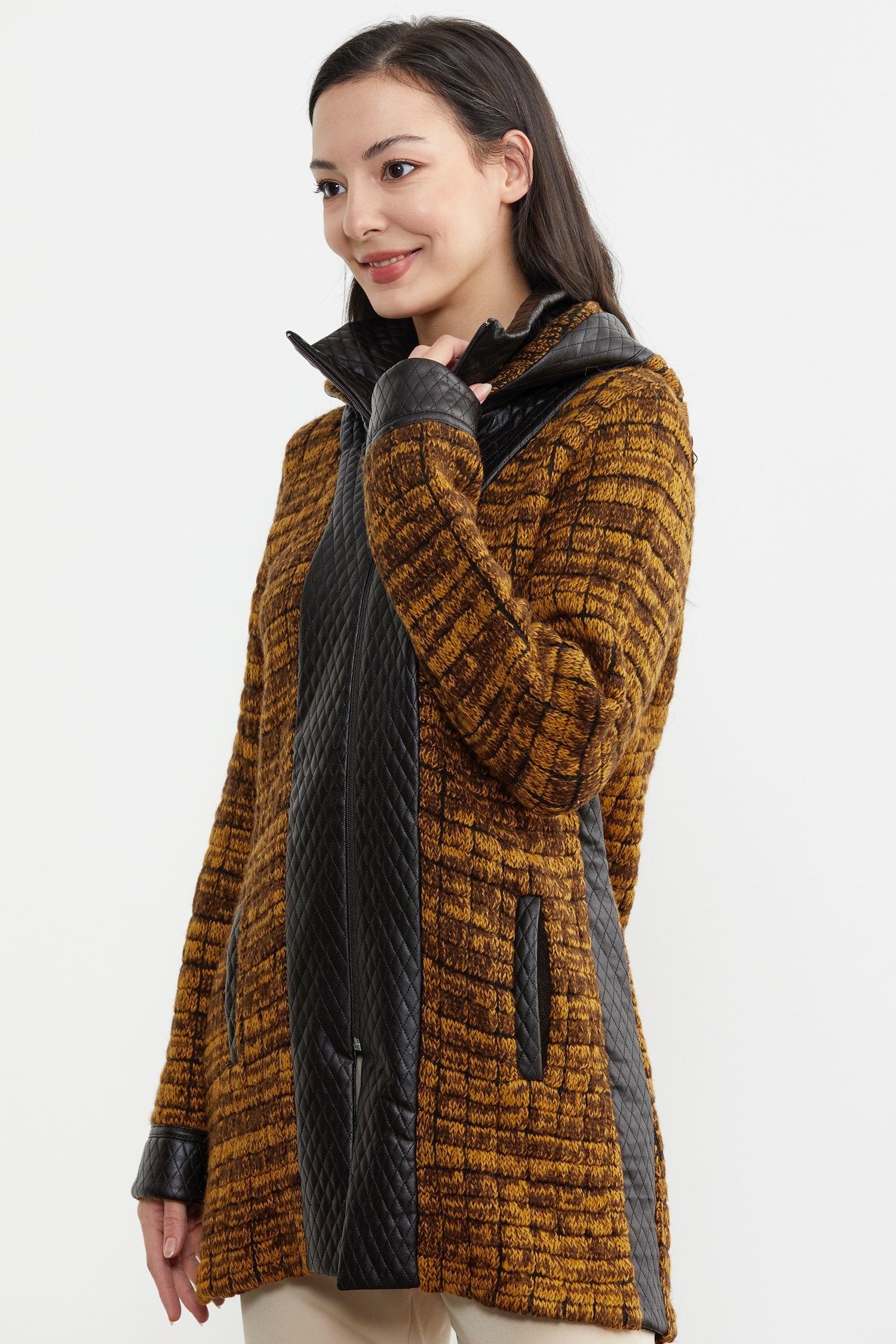 Suni Deri Detaylı Uzun Triko Ceket - Güneş - Kahverengi (3) Sementa