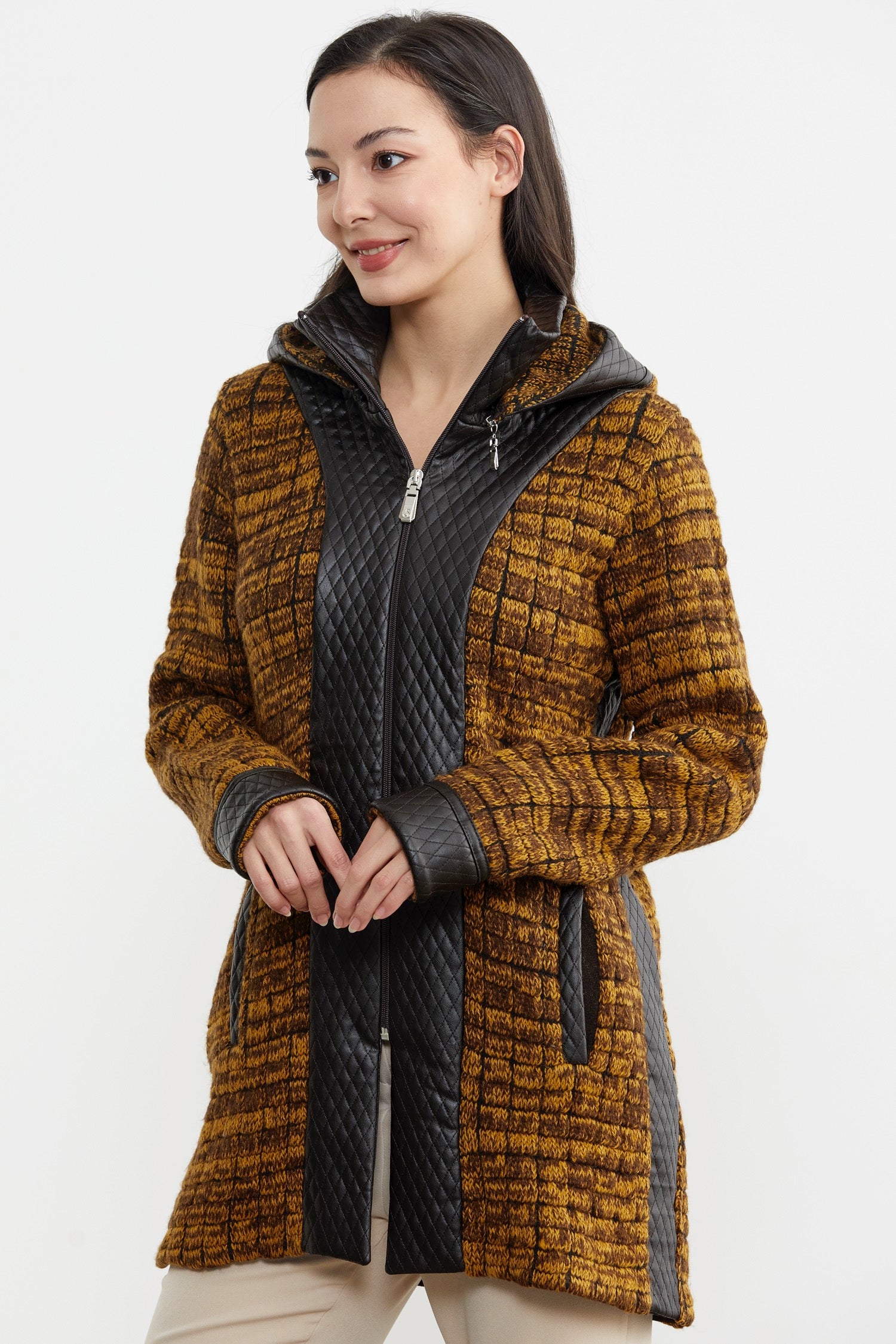 Suni Deri Detaylı Uzun Triko Ceket - Güneş - Kahverengi (4) Sementa