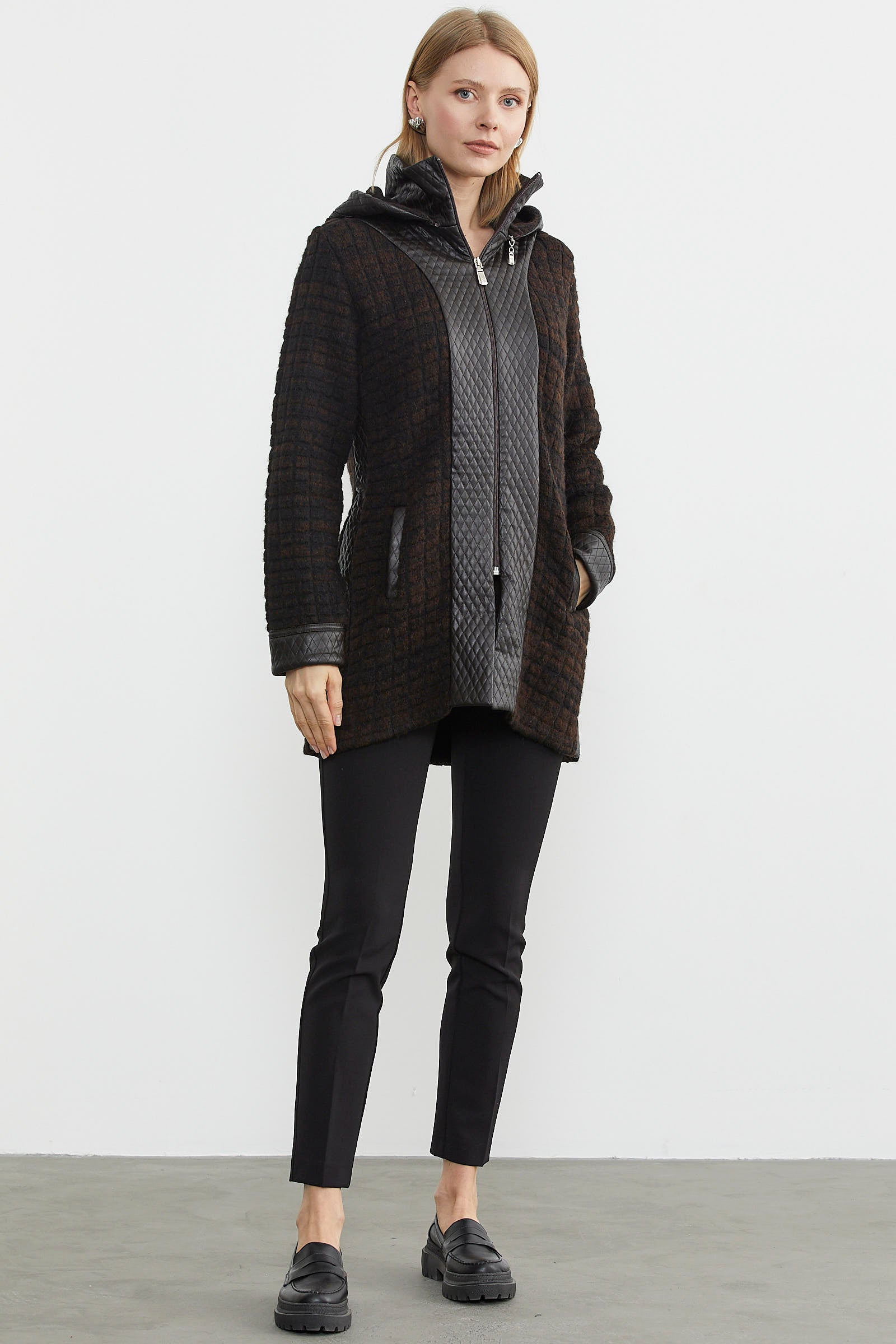 Suni Deri Detaylı Uzun Triko Ceket - Kahve - Siyah (2) Sementa