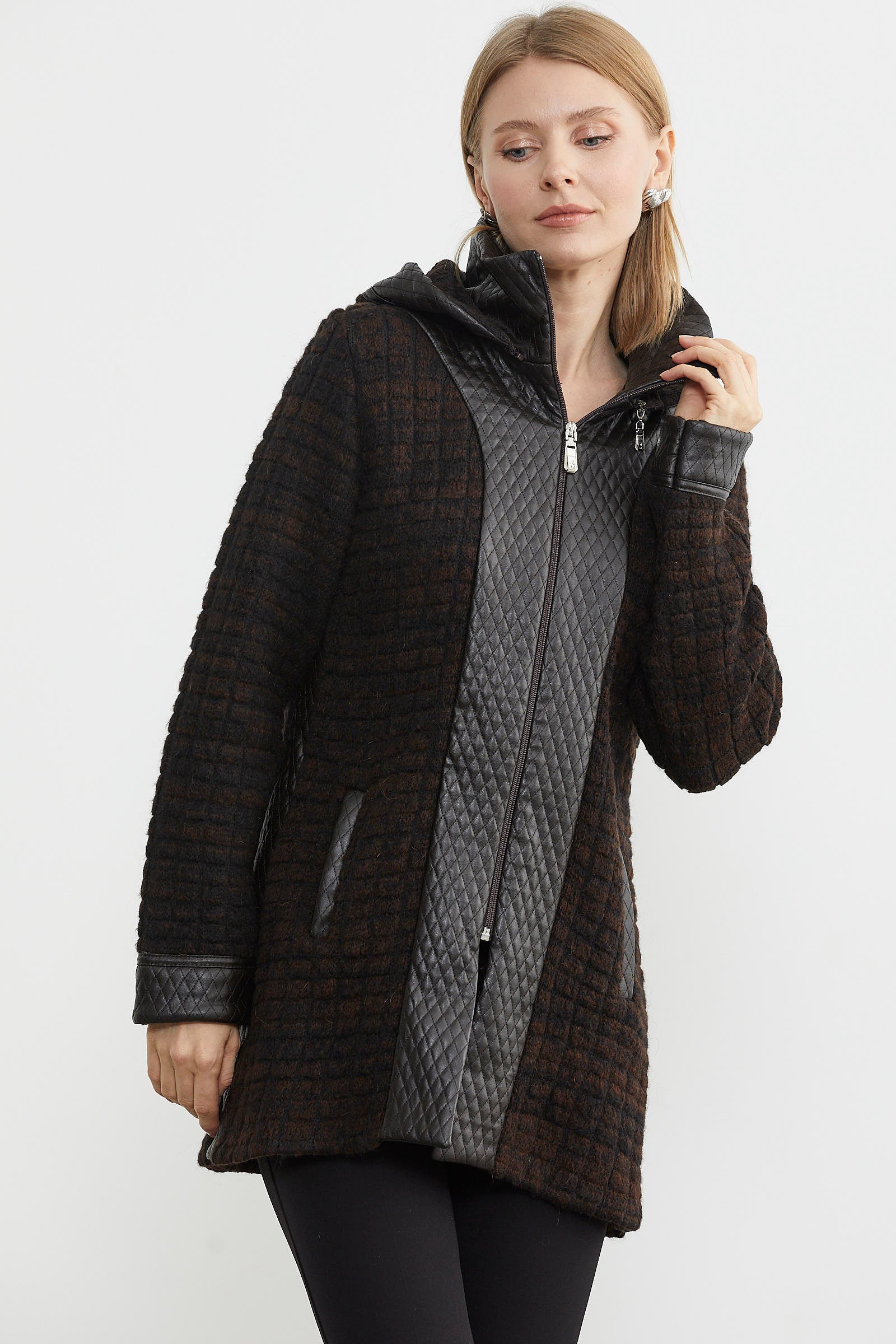 Suni Deri Detaylı Uzun Triko Ceket - Kahve - Siyah (5) Sementa