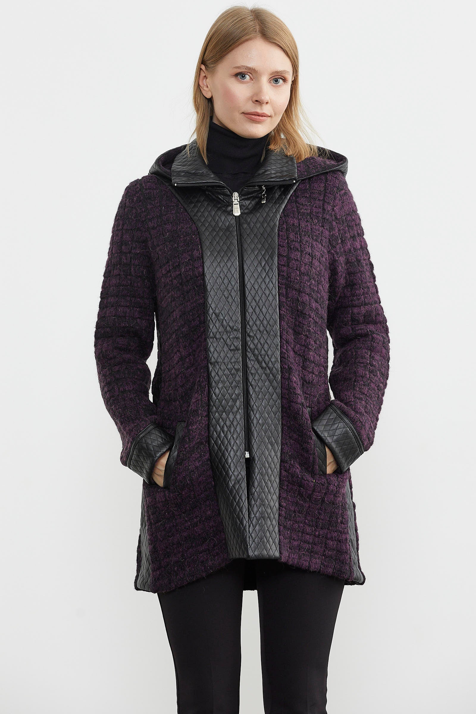 Suni Deri Detaylı Uzun Triko Ceket - Mor - Siyah (1) Sementa