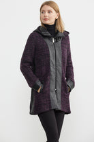 Suni Deri Detaylı Uzun Triko Ceket - Mor - Siyah (2) Sementa