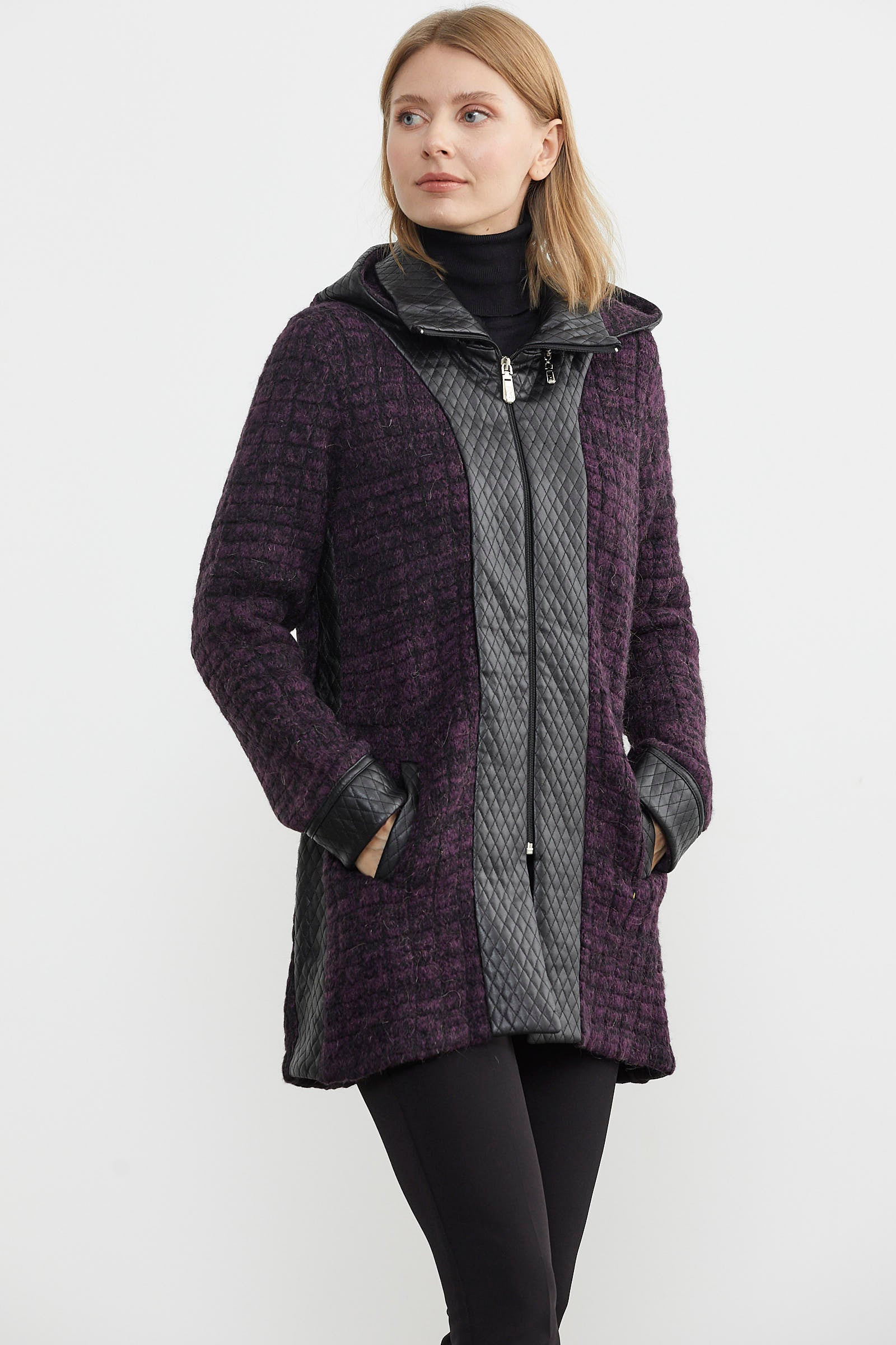 Suni Deri Detaylı Uzun Triko Ceket - Mor - Siyah (2) Sementa