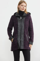 Suni Deri Detaylı Uzun Triko Ceket - Mor - Siyah (3) Sementa