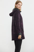 Suni Deri Detaylı Uzun Triko Ceket - Mor - Siyah (5) Sementa