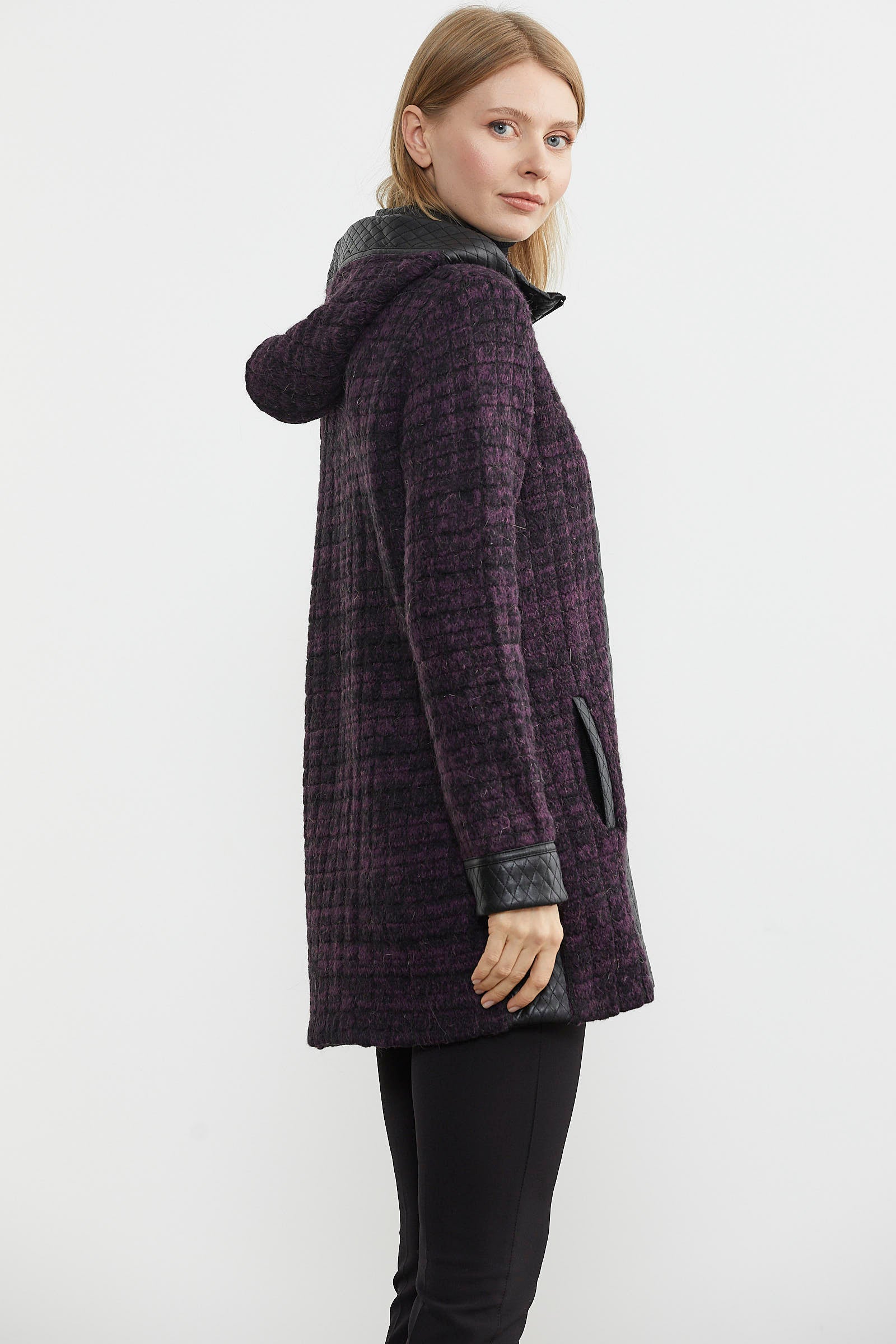 Suni Deri Detaylı Uzun Triko Ceket - Mor - Siyah (5) Sementa