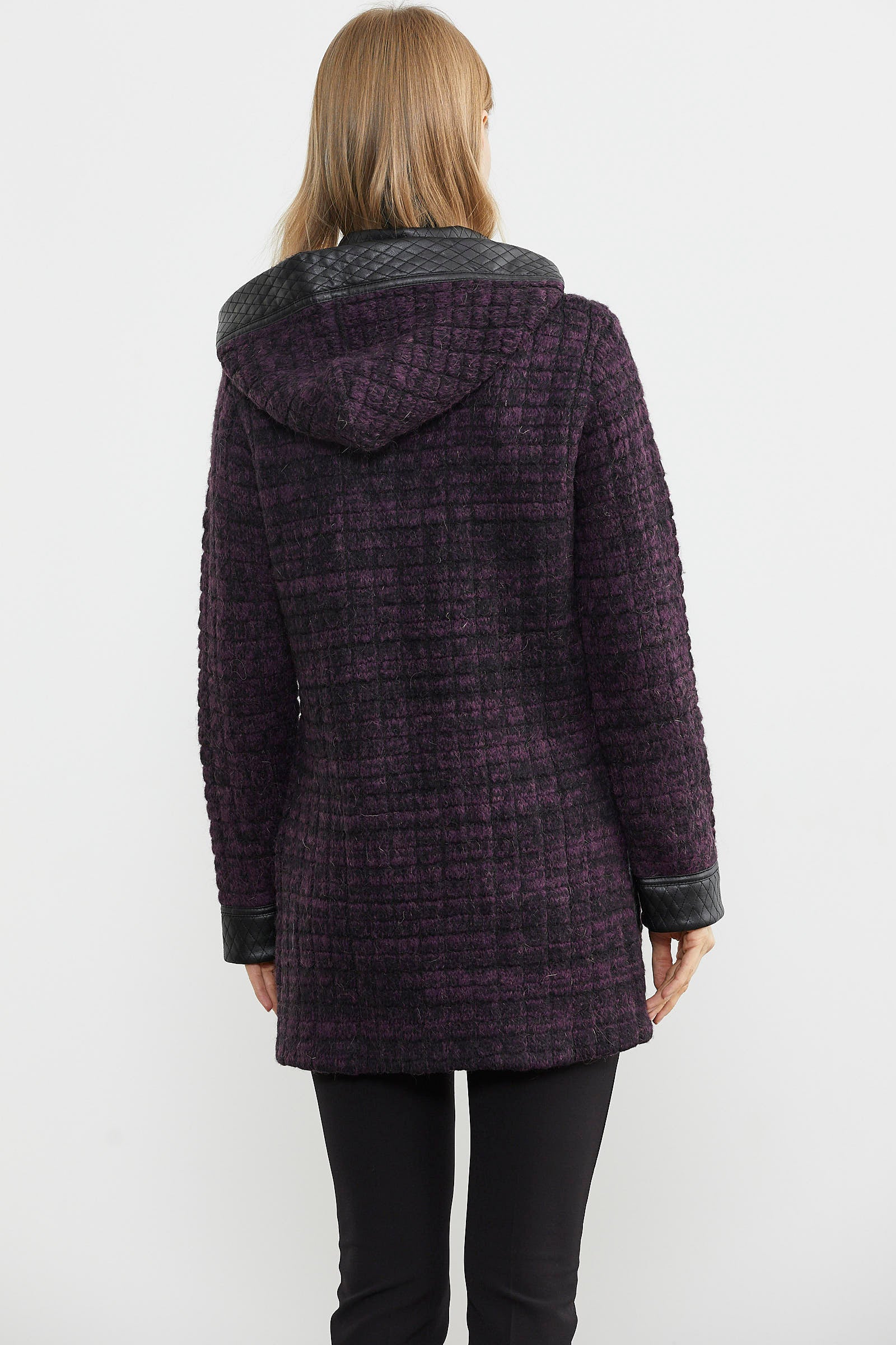 Suni Deri Detaylı Uzun Triko Ceket - Mor - Siyah (6) Sementa