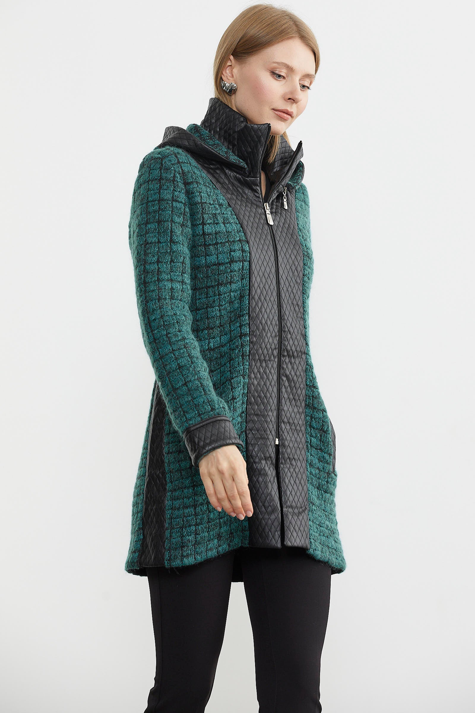 Suni Deri Detaylı Uzun Triko Ceket - Su Yeşili - Antrasit (2) Sementa