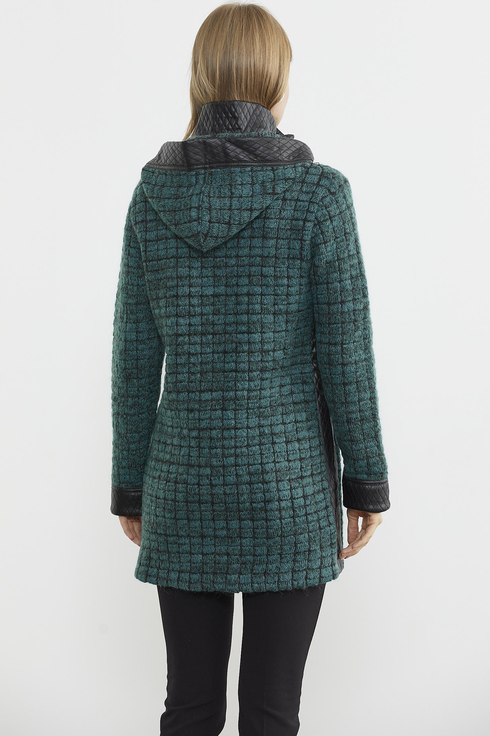 Suni Deri Detaylı Uzun Triko Ceket - Su Yeşili - Antrasit (6) Sementa