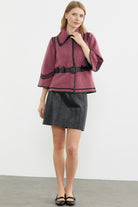 Suni Deri Kemer Detaylı Triko Ceket - Gül - Siyah (2) Sementa