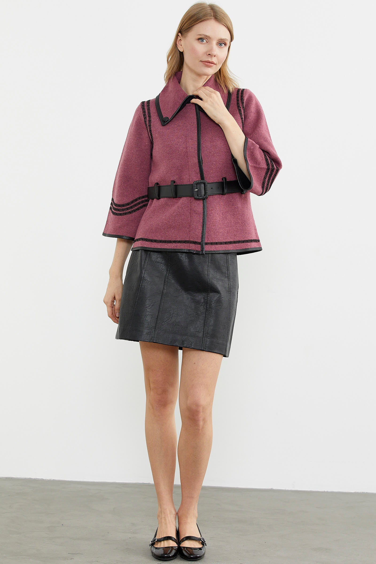 Suni Deri Kemer Detaylı Triko Ceket - Gül - Siyah (2) Sementa