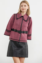 Suni Deri Kemer Detaylı Triko Ceket - Gül - Siyah (4) Sementa