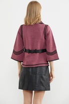 Suni Deri Kemer Detaylı Triko Ceket - Gül - Siyah (6) Sementa