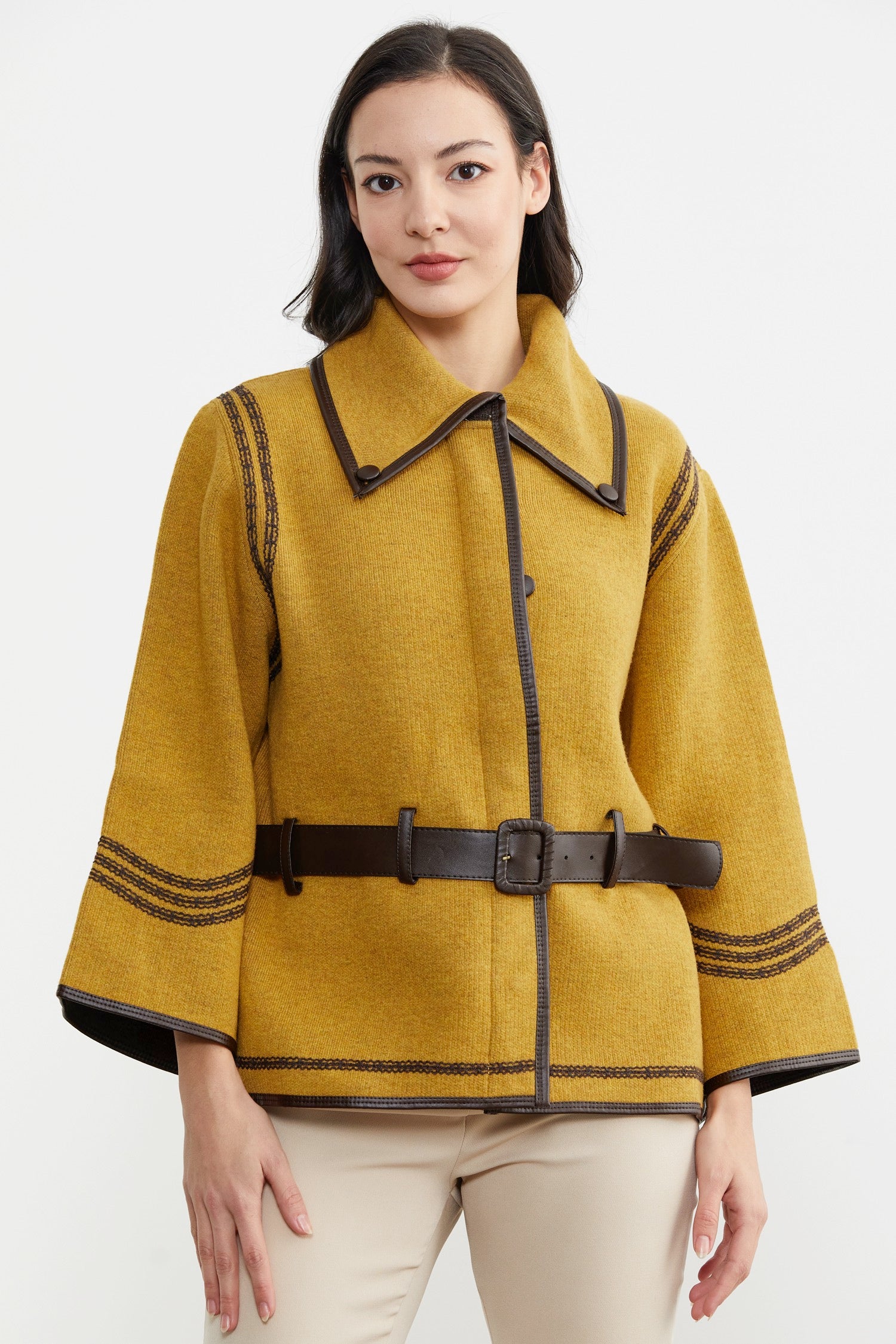 Suni Deri Kemer Detaylı Triko Ceket - Güneş - Kahverengi (1) Sementa