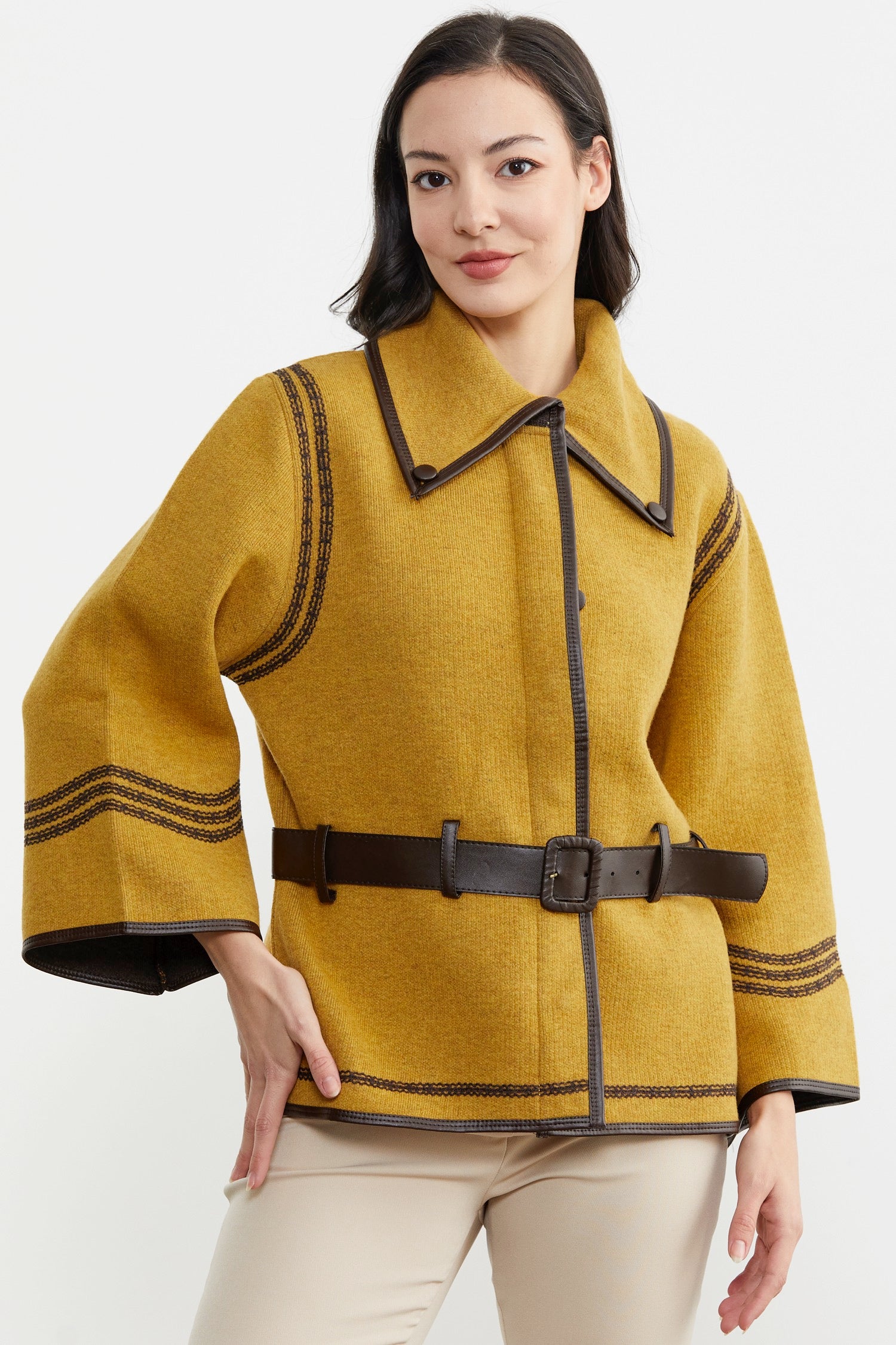 Suni Deri Kemer Detaylı Triko Ceket - Güneş - Kahverengi (2) Sementa